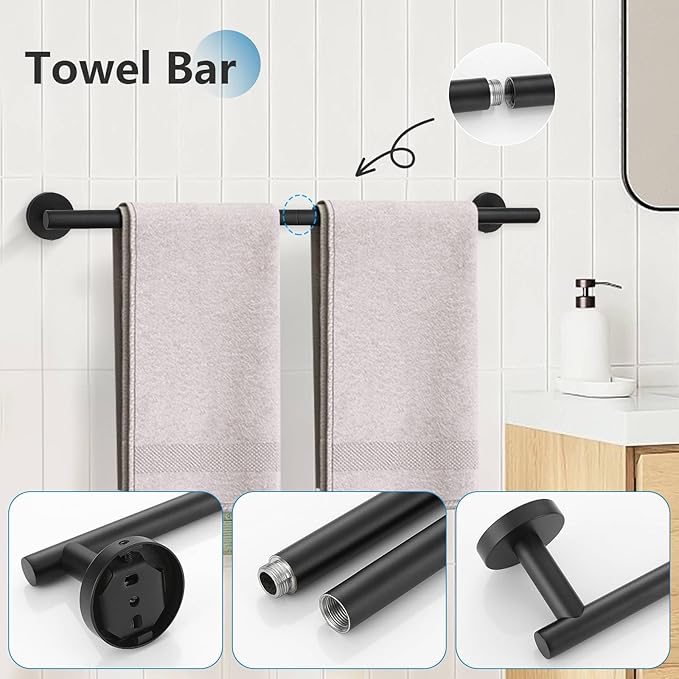 TNOMS 5 Pieces Towel Bar Set Matte Black Bathroom Hardware Accessories Set Stainless Steel Towel Racks Set for Bathroom,Wall Mounted 23.6 Inch Bathroom Hardware Set