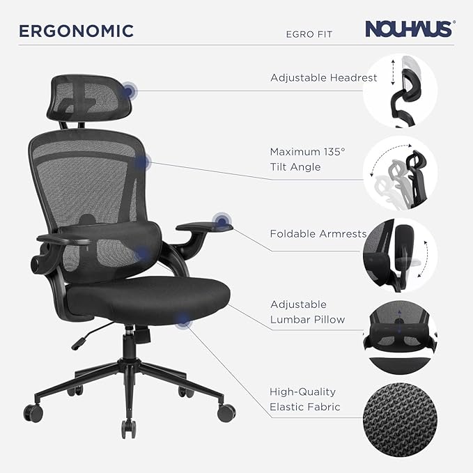 Nouhaus Ergonomic Mesh Office Chair Adjustable Lumbar Support and Flip-up Armrests High Back Headrest, Tilt Function Comfy Computer Gaming Chair Swivel Desk Chairs (Ergo Fit,Dark Black)