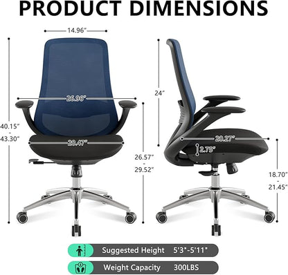 Ergonomic Office Chair, High Back Mesh Desk Chair with Lumbar Support, 360° Swivel & Slide-Adjustable Arms, Tilt Lock and Recline, Breathable Task Chair for Home Office & Gaming (Blue)
