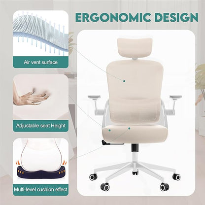 Office Chair Ergonomic Desk Chair with Lumbar Support&Headrest&Flip-up Arms Height Adjustable Rocking Swivel High Back Computer Chair Warm Taupe Mesh Study Chair (05Khaki)