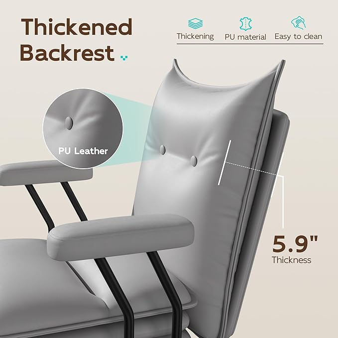 Grey Office Chair with Wheels,Triple-Layers Thicken Wide Seat Height Adjustable,Mid Back Computer Leather Desk Chair for Home,Office