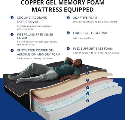 Twin XL Adjustable Bed Base Frame with Wireless Remote + 14 Inch Copper Memory Foam Mattress Bed in a Box, Head and Foot Incline & Massage, Zero Gravity, Fiberglass Free, 80" × 38"