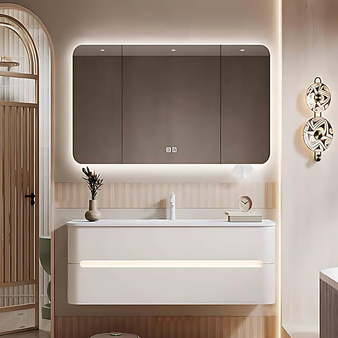 36IN Bathroom Vanity - Bathroom Vanity with Sink with Intelligent Induction Light | Wall-Mounted Bathroom Vanity with Intelligent LED Mirror Cabinet & 6 Drawers, Cream Color