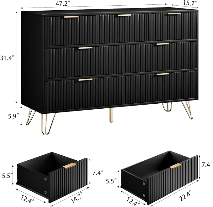 Dresser for Bedroom, Modern Fluted 47.2" Wide Chest of Drawers with Gold Pulls and 7 Drawers, 15.7" D x 47.2" W x 31.4" H, Black
