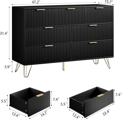 Dresser for Bedroom, Modern Fluted 47.2" Wide Chest of Drawers with Gold Pulls and 7 Drawers, 15.7" D x 47.2" W x 31.4" H, Black