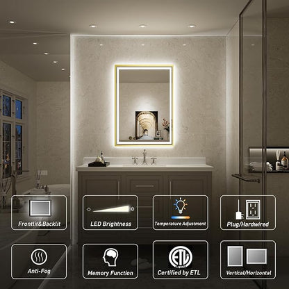 24X36 Inch Led Bathroom Mirror,Frontlit & Backlit Lighted Mirror,Gold Metal Frame Vanity Mirror for Wall,Double Lights Strips,Anti Fog Stepless 3 Colors Temperature & Dimmable