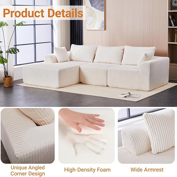 Sidanli 110" Modular Sectional Sofa, Cloud Sectional Couch with L-Shape Chaise, Modern Couch with Deep Seat for Living Room Bedroom, No Assembly Required, Beige (Soft Corduroy Fabric, Left Facing)