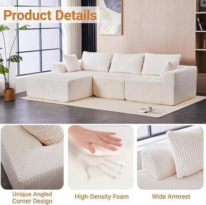 Sidanli 110" Modular Sectional Sofa, Cloud Sectional Couch with L-Shape Chaise, Modern Couch with Deep Seat for Living Room Bedroom, No Assembly Required, Beige (Soft Corduroy Fabric, Left Facing)