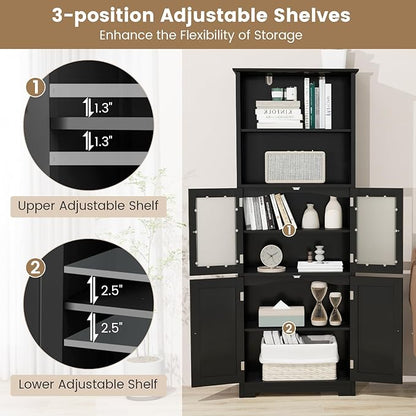LOKO Tall Bathroom Cabinet, Modern Storage Organizer with Doors & Open Shelves, Wooden Floor Cabinet with Adjustable Shelves for Bathroom, Living Room or Kitchen (Black)