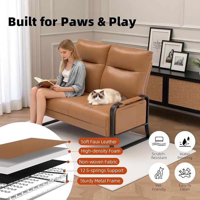 Faux Leather Loveseat, Upholstered Loveseat with Side Tray Table & Storage Pocket, Small Loveseat for Living Room, Modern 2 Seater Sofa Couch for Small Spaces, Bedroom, Brown