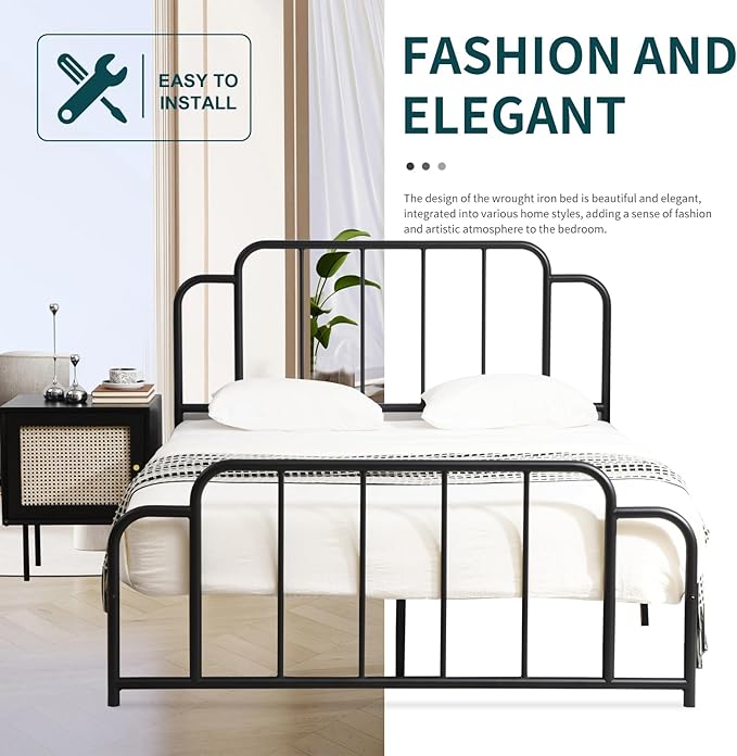 PINJU Metal Platform Bed Frame with Headboard and Footboard, Classic Style, Sturdy Metal Slats, No Box Spring Needed, Easy Installation (Black, Queen)