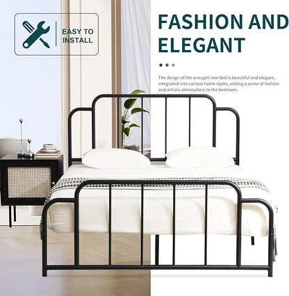 PINJU Metal Platform Bed Frame with Headboard and Footboard, Classic Style, Sturdy Metal Slats, No Box Spring Needed, Easy Installation (Black, Queen)