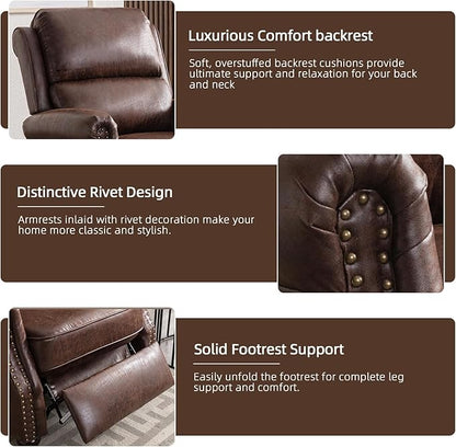 Push Back Recliner Chair Faux Leather Lounge Armchair with Rivet Decoration Wingback Single Sofa Chair with Padded Seat Solid Wood Legs for Living Room, Comfy Upholstered, Red Brown