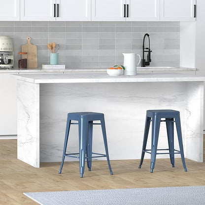 Vogue Furniture Direct 24" Bar Stools Backless Metal Barstools Indoor-Outdoor Counter Height Stools with Square Seat, Set of 4 (Deep Blue)