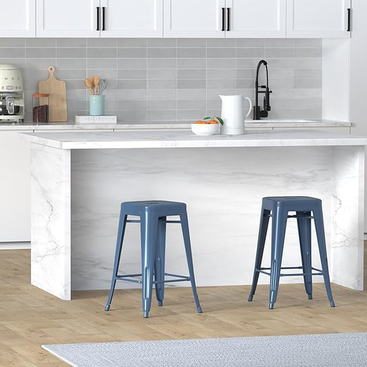 Vogue Furniture Direct 24" Bar Stools Backless Metal Barstools Indoor-Outdoor Counter Height Stools with Square Seat, Set of 4 (Deep Blue)