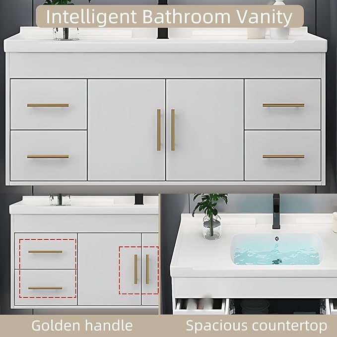 68IN Modern Bathroom Vanity - LED Intelligent Mirror Cabinet Includes Time Display & Defogging | Bathroom Cabinet with Sink & Open Storage Compartments, Ceramic Washbasin, 4 Drawers (Style B)
