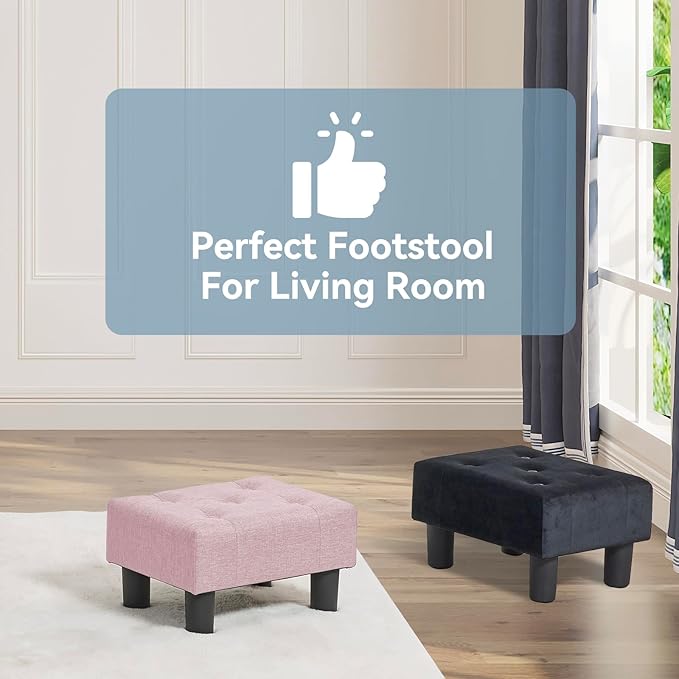 Poofzy Small Foot Stool Ottoman, Linen Ottoman Foot Rest with Legs, Rectangle Foot Rest for Couch, Footstools and Ottomans Small for Living Room and Entryway (Pink)