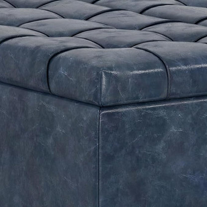 SIMPLIHOME Harrison 30 inch Wide Transitional Square Small Coffee Table Storage Ottoman in Denim Blue Vegan Faux Leather, Assembled, for The Living Room and Bedroom