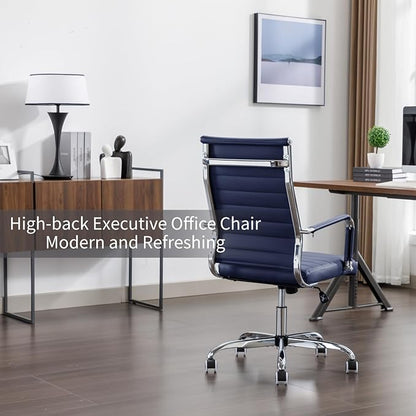 Office Desk Chair Leather, Conference Room Chairs with Wheels, Executive Modern High Back Ergonomic Swivel Rolling Ribbed Computer Chair