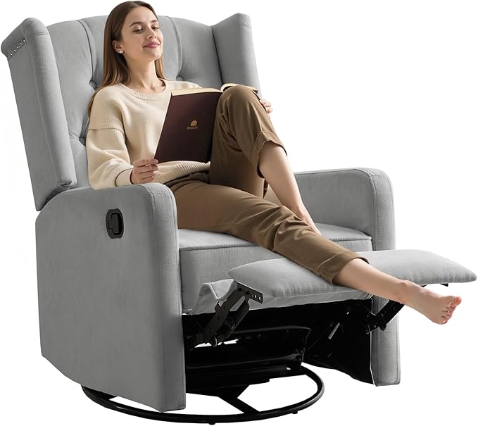 ABAKAN Swivel Rocker Recliner Chair, 360 Degree Nursery Rocking Recliner, Linen Glider Chair with Button Tufted Wingback Chair, for Living Room, Bedroom, Gray