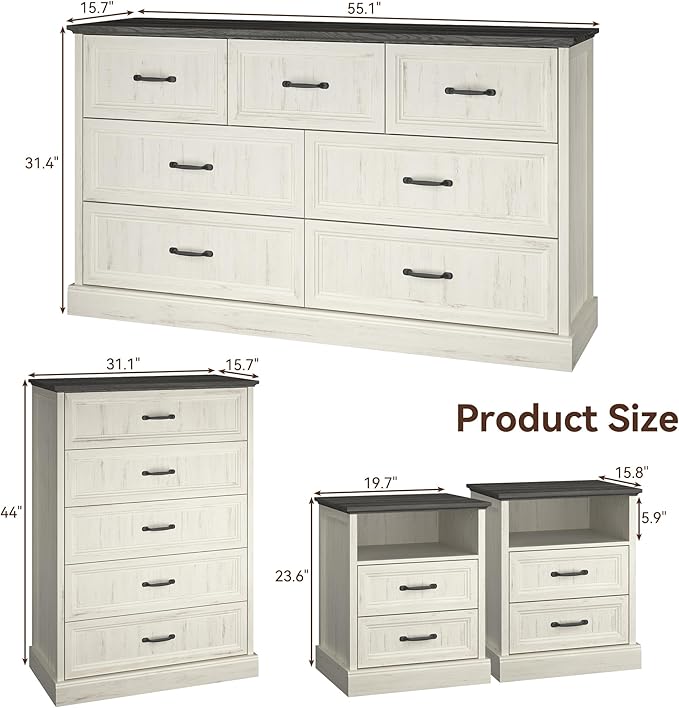 Farmhouse Dresser and Nightstand Sets, 4Pcs Bedroom Furniture Set, Nightstand Set of 2 & 55" Wide 7 Drawer and 44" Tall 5 Drawer Dresser with Large Drawers & Bar Handles, White