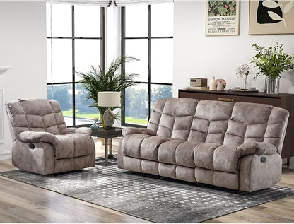 CANMOV Manual Reclining Sofa Set,2 Pieces Sofa Furniture Set for Living Room, Manual Recliner Sofa and Recliner Chair with Arms for Living Room, Bedroom, Light Brown (1+3)
