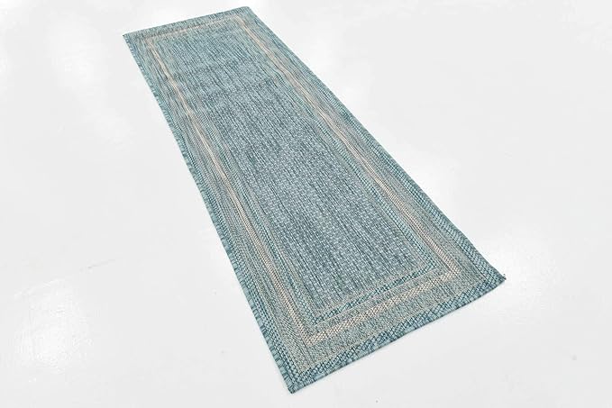 Unique Loom Outdoor Border Collection Area Rug - Soft Border (2'x 6' 1" Runner, Aquamarine/ Ivory)