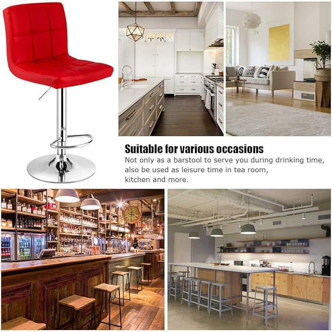 COSTWAY Bar Stools Set of 2, Modern Swivel Adjustable Height PU Leather Barstools with Back, Square Armless Counter Height 2-Pack Bar Chair for Kitchen Island Dining Living Bistro Pub Counter, Red