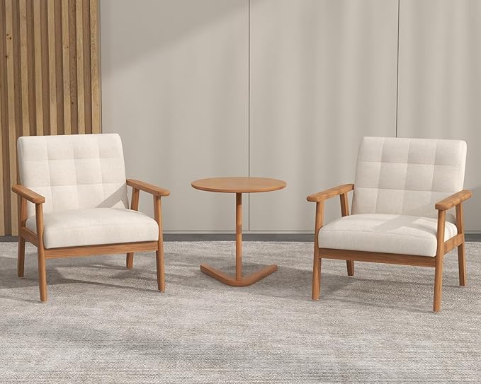 Modern Accent Chair with Wooden Table, Upholstered Linen Fabric Leisure Side Chair with Arm Rest and Wooden Frame for Living Room Bedroom Reading (Beige)