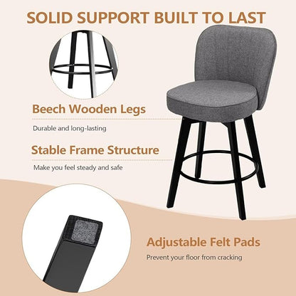 MINCETA Bar Stools Set of 4, 26 Inch Upholstered Barstools with Backrest and Footrest, Swivel Counter Height Barstools for Kitchen Island Home Bar Gray