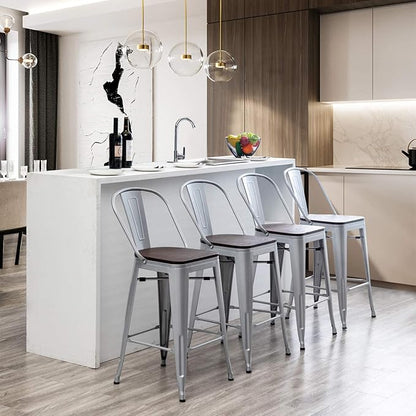 Aklaus Swivel Metal Bar Stools Set of 4 Counter Bar Stools with Back Counter Height Stools Swivel Metal Bar Chairs Wooded Seat 30 Inch Silver
