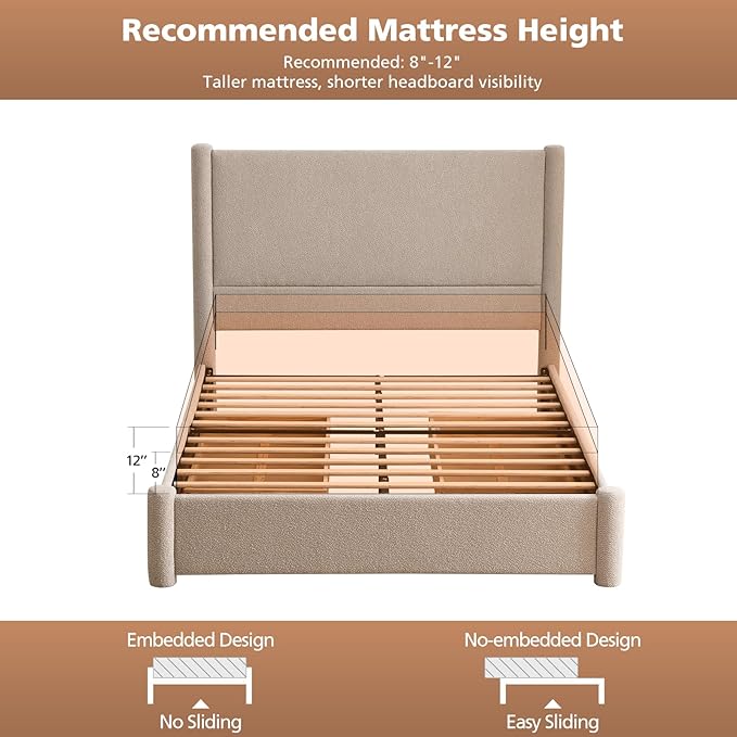 VELOCAVA Queen Size Upholstered Bed Frame with 51.77" Tall Headboard and Soft Rounded Corners, Side Storage Drawers, 12-Slat Support, No Box Spring Needed, Linen-Blend Fabric, Beige