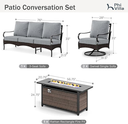 PHI VILLA Patio Furniture Set with 56" Fire Pit Table, Premium Outdoor Wicker Metal Frame Furniture with Upgraded Waterproof Thick Cushions for Porch, Poolside, Deck, and Yard （4 Pieces, Grey