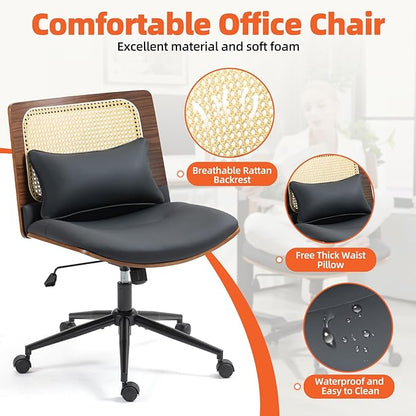 Armless Rattan Office Desk Chair with Wheels, PU Leather Modern Wide Swivel Task Chair, Ergonomic Criss Cross Legged Chair for Meeting Room, Home Office, Black