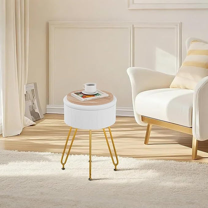 VECELO Vanity Stool with Storage, Velvet Chair for Vanity, Strong Metal Legs, Anti-Slip Feet, Padded Seat for Make Up, Bedroom, Living Room, Entryway, White