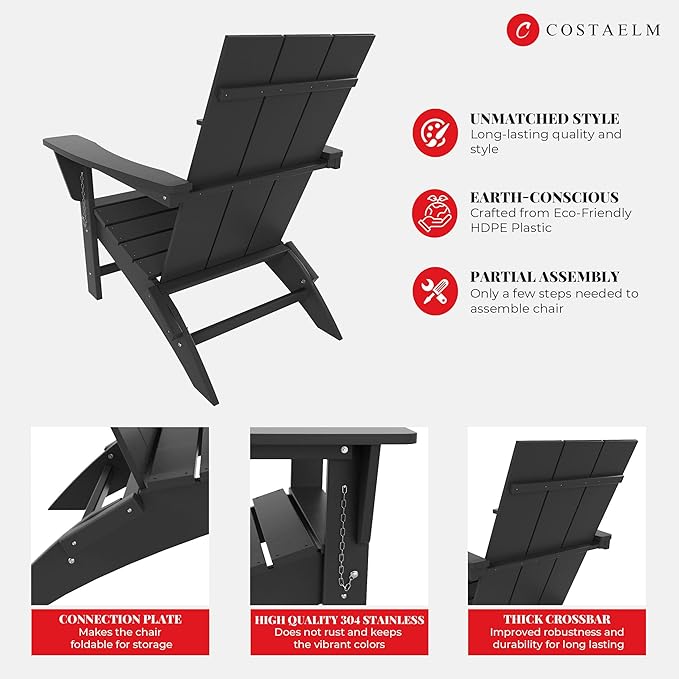 Costaelm Folding Adirondack Chairs, Outdoor Patio Adjustable Lawn Chairs, Weather Resistant Outside Firepit Chairs for Porch, Poolside, Garden, Backyard Deck, Gray