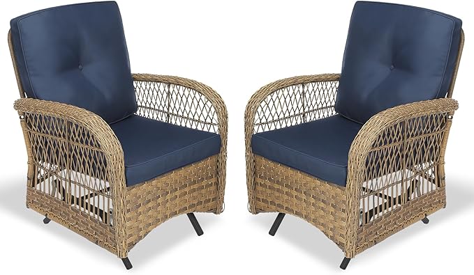 VIVIJASON 2-Piece Outdoor Wicker Glider Rocking Chair, Patio Rattan Swing Glider Chairs with Cushions & Steel Frame, All-Weather Gliding Lawn Wicker Furniture for Garden Backyard Porch, Navy Blue