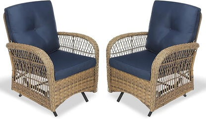 VIVIJASON 2-Piece Outdoor Wicker Glider Rocking Chair, Patio Rattan Swing Glider Chairs with Cushions & Steel Frame, All-Weather Gliding Lawn Wicker Furniture for Garden Backyard Porch, Navy Blue