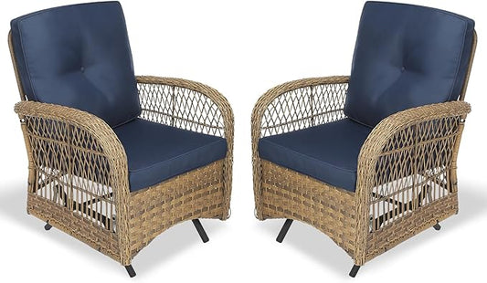 VIVIJASON 2-Piece Outdoor Wicker Glider Rocking Chair, Patio Rattan Swing Glider Chairs with Cushions & Steel Frame, All-Weather Gliding Lawn Wicker Furniture for Garden Backyard Porch, Navy Blue
