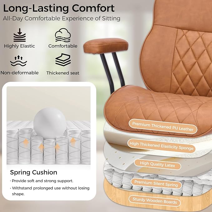 BEWISHOME Ergonomic Home Office Chair, Mid-Century Modern Brown Leather Desk Chair with Robber Casters Lumbar Support Adjustable Height Rolling Swivel Chair Executive Task Armrests BBY01Z