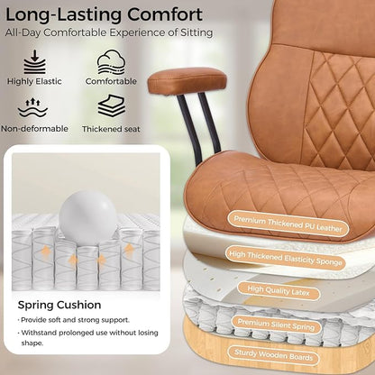 BEWISHOME Ergonomic Home Office Chair, Mid-Century Modern Brown Leather Desk Chair with Robber Casters Lumbar Support Adjustable Height Rolling Swivel Chair Executive Task Armrests BBY01Z