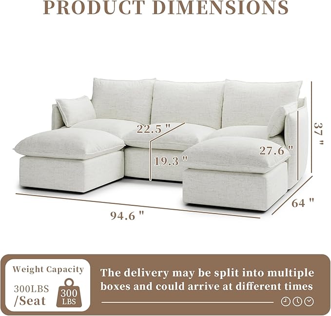 Waterproof Cloud Sectional Couches for Living Room,High Backrest Down Filled Couch,5 Seater Oversized Modular U-Shaped Sofas,Detachable Sofa Covers,Cream White