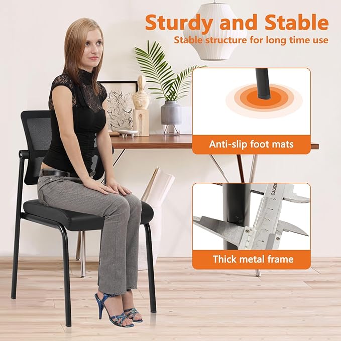 CLATINA Stackable Waiting Room Chair with Adjustable Mesh Backrest, Armless Office Guest Reception Chairs with Ergonomic Lumbar Support and Leather Cushion for Conference Lobby Side School, Black