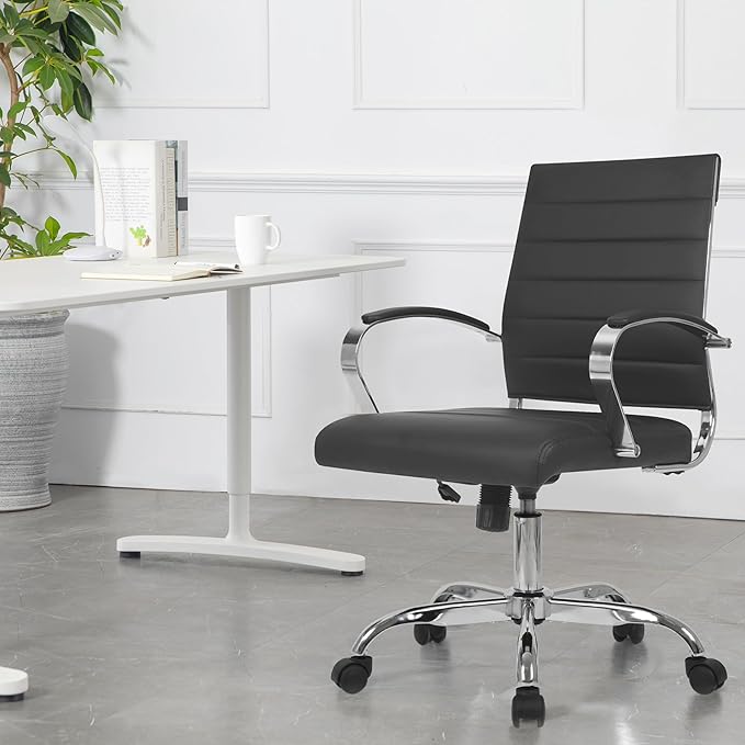 LANDSUN Home Office Chair Mid Back Desk Chair PU Leather Ribbed Executive Swivel Computer Chair with Wheels and Armrests Soft Padded Adjustable Height Conference Task Black