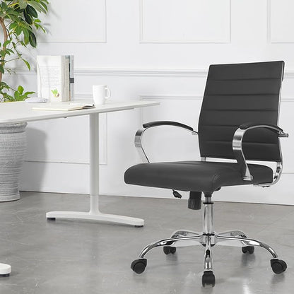 LANDSUN Home Office Chair Mid Back Desk Chair PU Leather Ribbed Executive Swivel Computer Chair with Wheels and Armrests Soft Padded Adjustable Height Conference Task Black