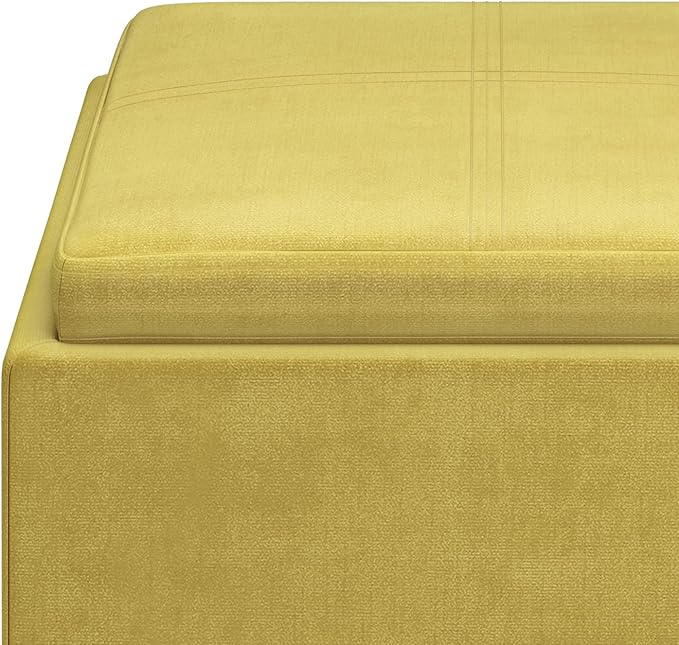 SIMPLIHOME Rockwood 18 inch Wide Contemporary Square Cube Storage Ottoman with Tray in Dijon Yellow Velvet Fabric, Assembled, For the Living Room, Entryway and Family Room