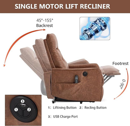 PELUMY Manual Lift Recliner Chair with Massage and Heat for Elderly, Single Motor Electric Lift Chair, Heavy Duty Recliner with USB Charging & Side Pockets (Breathable Leather, Yellow Brown)