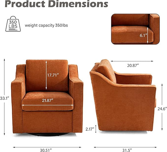 UIXE Swivel Accent Chairs Set of 2, Chenille Upholstered Arm Chair for Living Room, Modern Club Armchair Comfy Single Sofa Bedroom Reading Seat with Lumbar Pillow - Orange