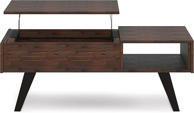 SIMPLIHOME Lowry Lift Top Coffee Table - 48 inch Wide Solid Acacia Wood and Metal Living Room Table in Distressed Charcoal Brown, Modern Industrial Cocktail Table with Hidden Storage and Open Shelf