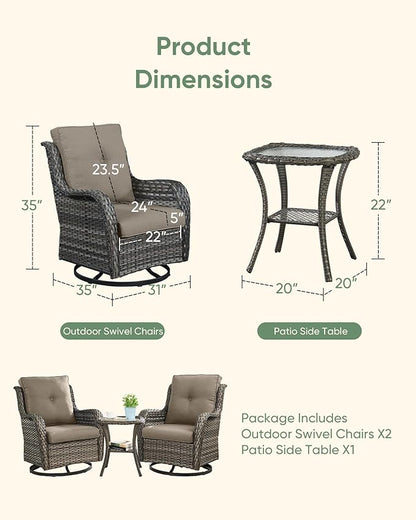 HUMMUH 3-Piece Swivel Rocking Rattan Chair Outdoor, Patio Bistro Furniture Conversation Set with Cover, Cushioned Wicker Chair with Glass Coffee Table(Grey, Grey)